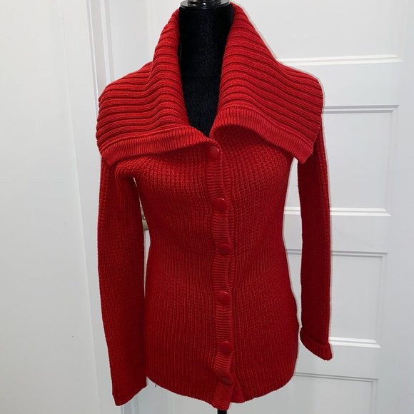 Fall Chunky Red Sweater Cardigan Button Up size Small - Picture 1 of 6